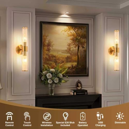 Gold Battery Operated Wall Sconces Set of Two, Dimmable Rechargeable Sconce - Image 2