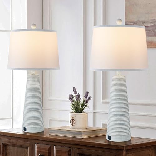Terpsichore Nightstand Lamp Desk Lamp Vintage Bedside Lamps Set of 2 Rustic Farmhouse Table Lamps 3 Way Dimmable Light,Suitable for Living Room Bedroom,with Linen Shade LED Bulb,USB A+C Port by Terpsichore
