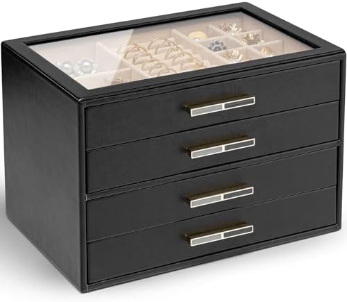 VLANDO 4 Layer Jewelry Box for Women, Glass Lid Jewelry Organizer with 4 Drawers for Necklaces Rings Earrings Bracelets - Black by VLANDO