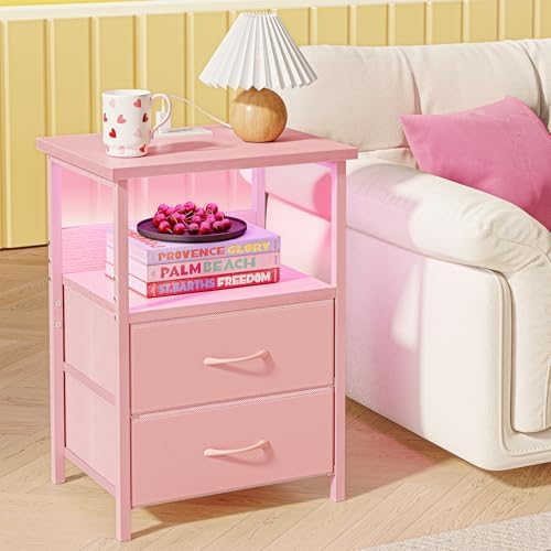 Fixwal Night Stand with Charging Station, Led Nightstand, Pink, 2 Drawers - Image 7