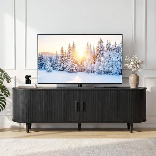 65" Mid Century Modern TV Stand, Wood TV Consoles with Sliding Doors and Power Outlet, Fluted Entertainment Center with Adjustable Shelves, Media Console for Living Room, Black - Image 3
