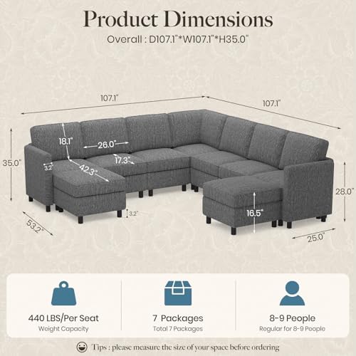 Belffin 107.1" 9 Seats Modular Sectional Sofa U Shaped Couch Big Corner Washable Sectional Couches for Living Room Comfy Couches with Storage Seat Couch Sofas with Chaise,Grey - Image 2
