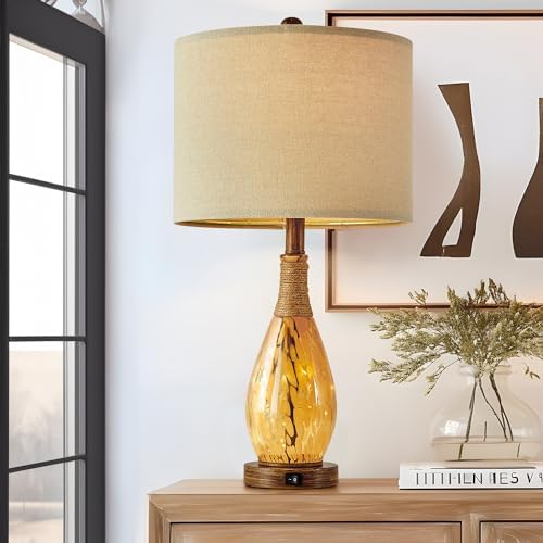OYEARS 23" USB A+C Table Lamp for Bedroom Living Room Modern Bedside Lamps Retro Farmhouse Rattan Glass Nightstand Nightlight Lamps (Amber),Two Light Points - Image 2