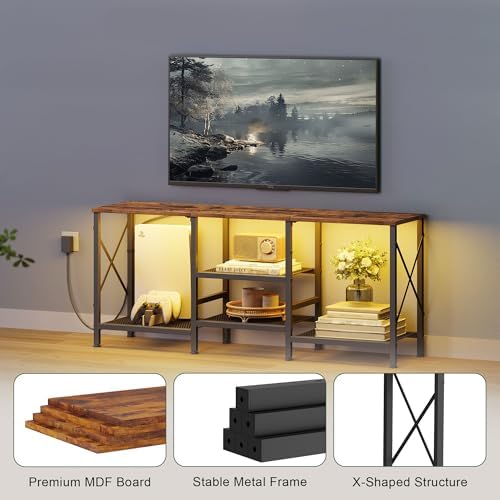 JARHETUN TV Stand with LED Lights for 55 Inch TV, Entertainment Center with 3-Tier Open Shelves, TV Console Table for Living Room, Bedroom, Rustic Brown - Image 6