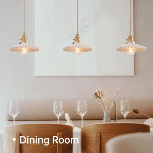 Shenmoyl Pendant Light with White Pleated Ceramic Lmapshade, Brass Vintage Pendant Light Adjustable Hanging Light for Kitchen Island Dining Room Hallway - Image 3