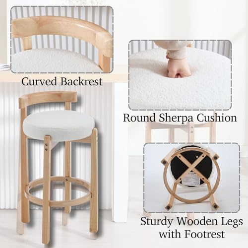 LukeAlon Mid Century Sherpa Bar Stools Set of 2, 30.25" Seat Height Upholstered Barstools with Wood Legs Modern Tall Bar Chair with Curved Low Back Round Footrest for Pub Home Kitchen Island, White - Image 2