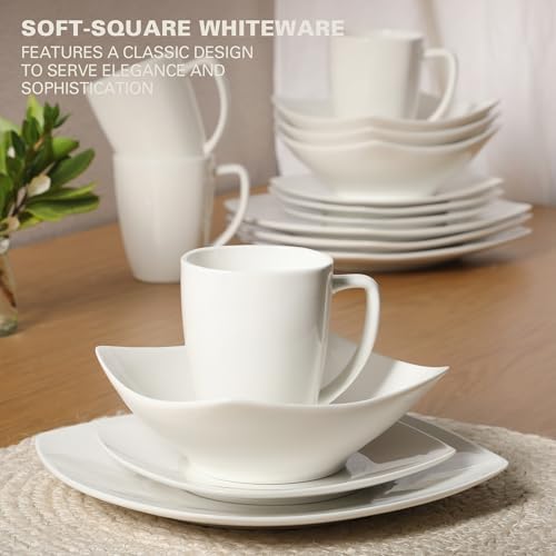 Gibson Home Zen Buffet White Porcelain Dinnerware Set for 4, Square Plates Bowls and Mugs, Chip and Scratch Resistant, Dishwasher and Microwave Safe, 16 Piece - Image 4