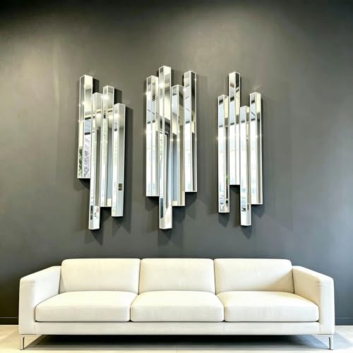 Modern 3 Pack 28x8 Staggered 3D Silver Mirror Wall Set Mirror Decor - Image 5