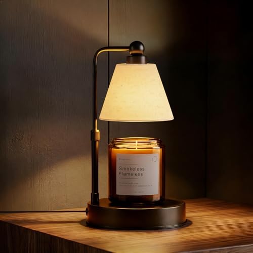 Candle Warmer Lamp with Timer, Dimmable, Adjustable Height, Modern Farmhouse Linen Shade, Black Candle Warming Lamp for Up to 6-Inch Jar Candles, 2 Bulbs Included by Bingyouth