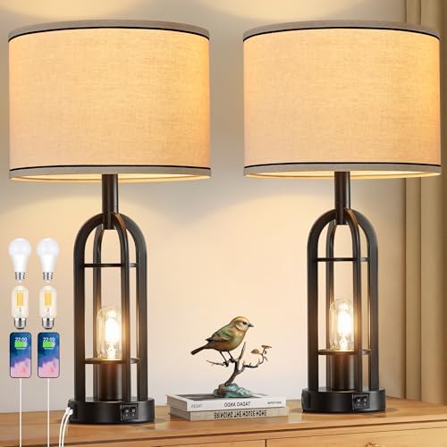 SRJJA 24" Black Table Lamps for Living Room Bedroom Set of 2, USB A+C by SRJJA