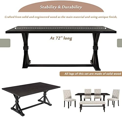 Mirightone 6-Piece Farmhouse Dining Table Set for 6 Rectangular Table Set with 4 Upholstered Chairs and Bench, Solid Wood Dining Table Set for Kitchen, Dining Room (Espresso) - Image 5