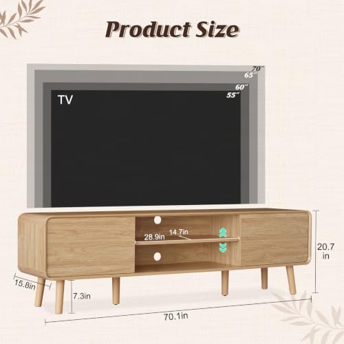 Nasonet 70" Mid Century Modern TV Stand for Tvs up to 80", Entertainment Center with Storage, Sideboard Media Console for Living Room with 2 Sliding Door/Adjustable Shelves, Oak - Image 2