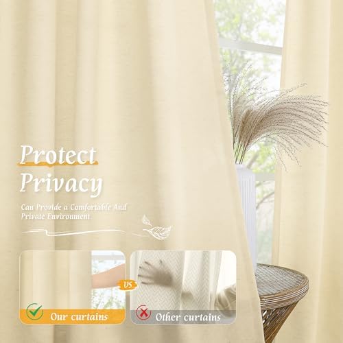 LAMIT Semi Sheer Beige Linen Curtains 63 Inch Length for Bedroom 2 Panels - Image 5