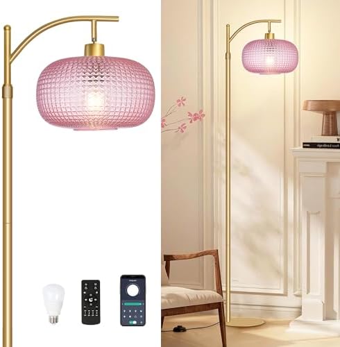 Pink Glass Floor Lamp for Living Room,Bedroom,Gold Dimmable Standing Lamp with Remote,Mid Century Modern Brass Tall Lamp Boho Floor Lamps Arc Stained Glass Flower Floor Light Lamp Girls kids Bohemian by DONDDA