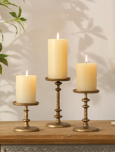 NUPTIO Pillar Candle Holder Gold: Antique Brass Cast Iron Candle Stand by Nuptio
