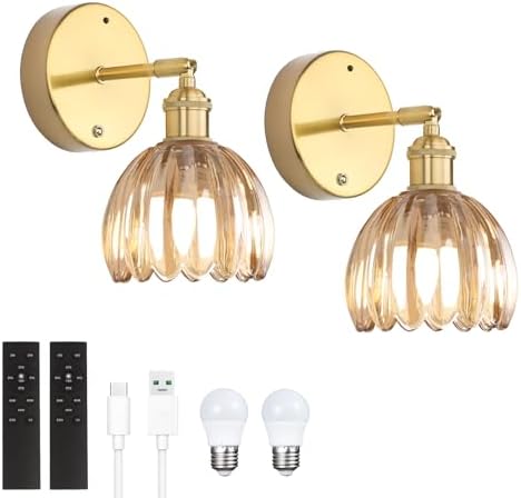 Shenmoyl Battery Operated Vintage Wall Sconces with Amber Tulip Glass Lampshade Battery Powered Wall Lighting for Bedside Bedroom Doorway, Set of 2 by Shenmoyl