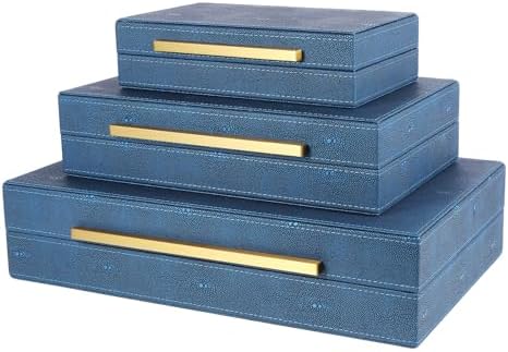 Decorative Storage Boxes with Lids, Decorative Boxes for Home Decor, Faux Shagreen Decorative Box for Stacking Jewelry, Photo, Memory, Storage Boxes, Set of 3 (Blue) by REEMTOO