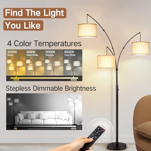 OUTON Arc LED Floor Lamp with Remote Control, Dimmable Modern Black 3 Light Arched Tall Floor Lamp, Mid Century Adjustable Standing Corner Lamps for Bedroom, Office, Living Room, Beige Lampshade - Image 3