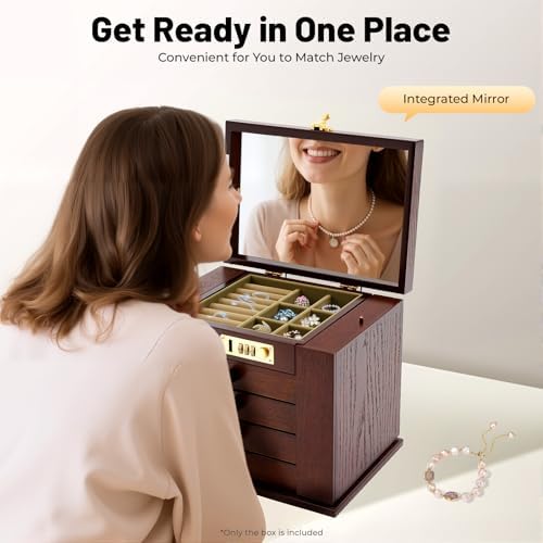 Wooden Jewelry Box, 5 Layers with 4 Drawers Large Locking Jewelry Organizer, Watches Necklace Ring Storage Box for Women (Dark Brown) - Image 6
