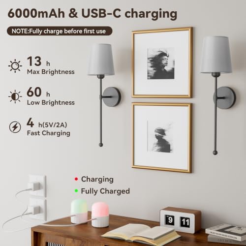 Battery Operated Wall Sconce Set of 2, RF Remote, Grey and Grey Shade - Image 4