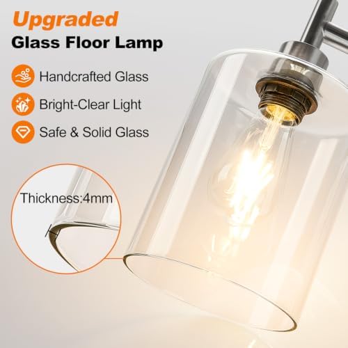 【Upgraded】 Dimmable Floor Lamp for Living Room with Glass Lampshade, Brushed Nickel Modern Glass Floor Lamp with 900LM LED Bulb Included, Standing Tall Lamp for Bedroom, Office, Reading Room, Corner - Image 6