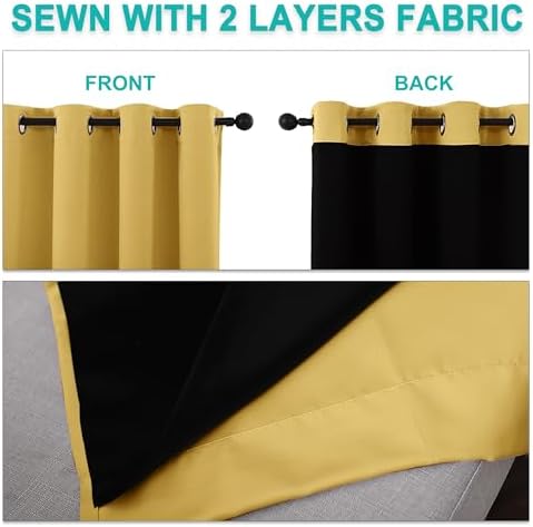 NICETOWN 100% Blackout Curtains with Black Liners, Thermal Insulated Full Blackout 2-Layer Lined Drapes, Energy Efficiency Window Draperies for Bedroom (Bright Yellow, 2 Panels, 55" W by 68" L) - Image 5