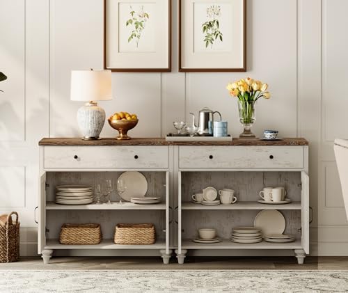WAMPAT Buffet Cabinet with 8 Doors and 4 Drawers, Modern Coffee Bar Table Wood Kitchen Storage Cabinets, Farmhouse Sideboard Credenza for Dining Room, Rustic White, 134 inch - Image 4