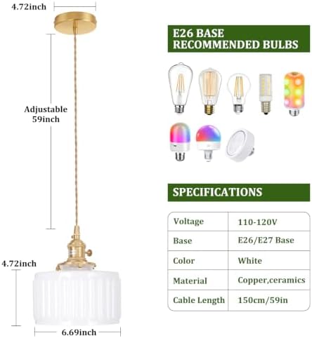 Shenmoyl Pendant Light with White Striped Glass Lmapshade, Brass Vintage Pendant Light Adjustable Hanging Light for Kitchen Island Dining Room Hallway - Image 6