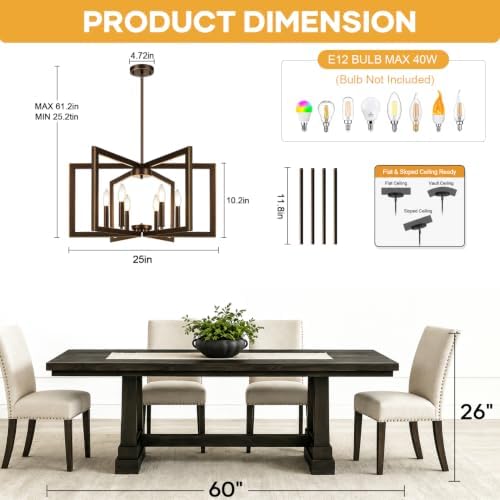 25"-61" Height Adjustable Modern Oil-Rubbed Bronze Chandelier for Dining Room, No Assembly Required Dining Room Light Fixture Over Table, Industrial Metal Pendant Lights Fixture for Kitchen Island - Image 5