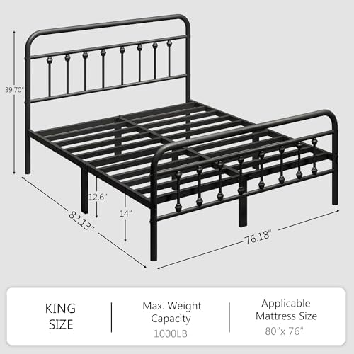 zunatu King Size Metal Bed Frame, Victorian Style Headboard and Footboard - Image 2