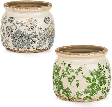 Sungmor 2 Pack Farmhouse Ceramic Planters, Tuscan Decor, Green & Grey by Sungmor