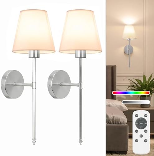 NIORSUN 19.9 inch Battery Operated Wall Sconce Set of 2,Brushed Nickel Rechargeable Wall Lights with 10400mAh Dimmable Detachable Bulbs and Remote,10 Colors Wireless Sconces for Bedroom Living Room by NIORSUN