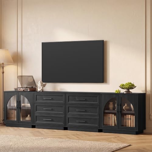 Fatmok Modular Entertainment Center & Buffet Cabinet, Extra Long Sideboard TV Stand with Arched Glass Doors, Modern Wooden Storage Cabinet for Living Room, Black Grey(DEED,4-Piece) by Fatmok