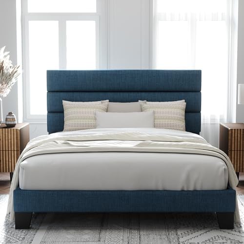 Allewie Full Size Platform Bed Frame with Fabric Upholstered Headboard Blue by Allewie