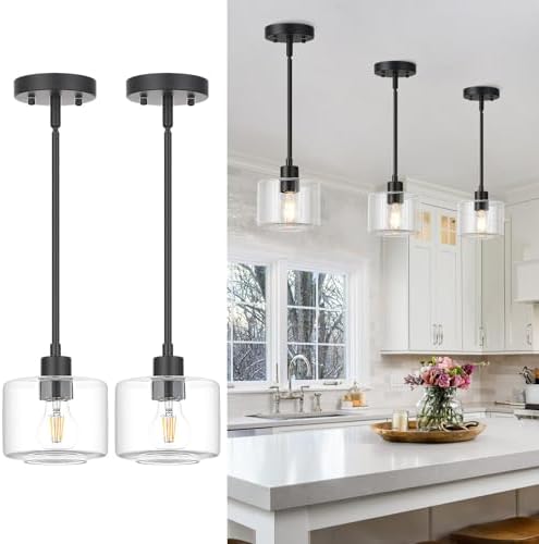 Black Pendant Lights Kitchen Island 2 Pack, Modern Clear Glass Hanging Light Fixtures with Rods, Mini Kitchen Pendant Lighting Over Island for Sink Bathroom, OS-YQ8153-2PBKC by Osimir