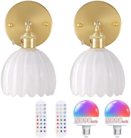 Shenmoyl Vintage Battery Operated Wall Sconce with White Tulip Glass Lampshade 5000 mAh Rechargeable Battery Powered Wall Light with Remote Control for Bedside Bedroom Doorway, Set of 2 by Shenmoyl