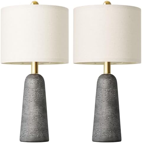 BOBOMOMO 21" Modern Table Lamps Set of 2, Gray Resin Lamp with Stone Look, Small Bedside Lamps for Bedroom, Contemporary Nightstand Lamps with Linen Shades, Small Lamp for Nursery, Entryway by BOBOMOMO