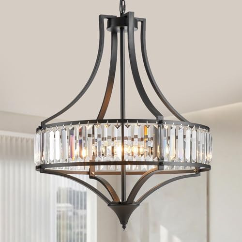Crystal Chandeliers for Dining Room Rustic Farmhouse Chandelier with Round Metal Shade 6-Light Black Large Crystal Light Fixture for Kitchen Island Hallway Bedroom Home Office by Majhoiw