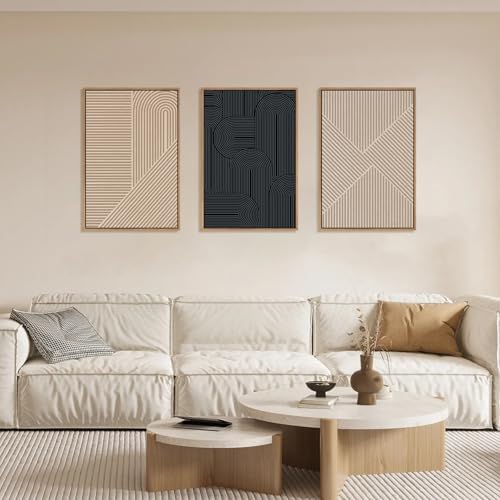 LHIUEM Large Abstract Textured Line Framed Canvas Wall Art,Boho Beige Black Wall Decor,Modern Neutral Minimalist Art Painting Painting for Living Room,Bedroom,Dining Room,Office -24"x36"x3 - Image 2