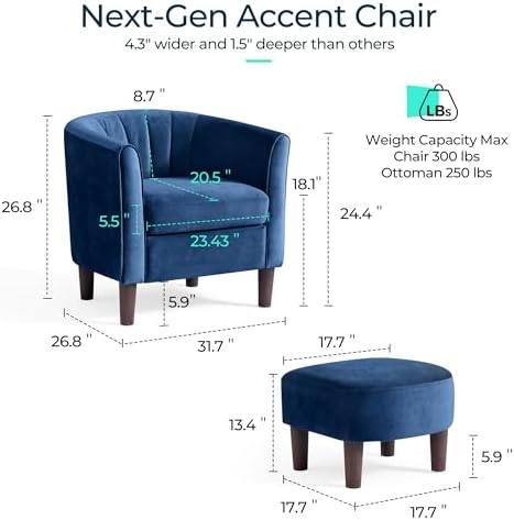 LINSY Accent Chair with Ottoman, Modern Armchair Comfy Barrel Reading Chair with Footrest for Living Room Bedroom Reading Room, Velvet, Blue - Image 2