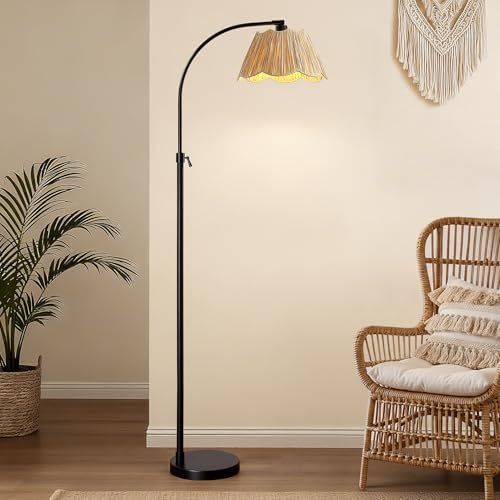 64'' Adjustable Arc Floor Lamp with Woven Pleated Shade, Black - Image 6