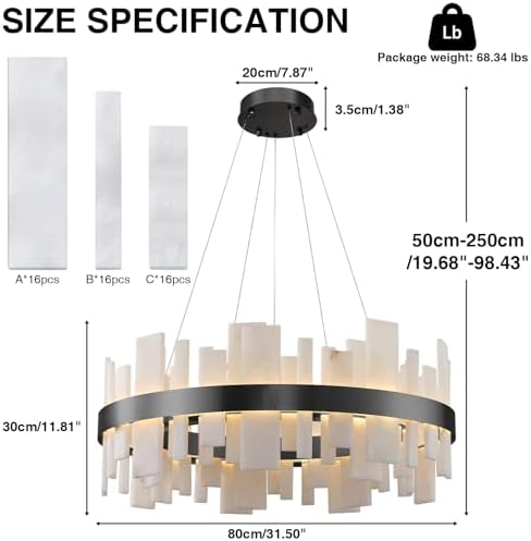 Alabaster Round Chandelier,Adjustable 31.5in Modern Luxury Round Fixture with Organic Veins, Dimmable Warm Glow - Spanish Natural Stone Linear Chandelier for Living Room, Bedroom, Foyer,Dining Room - Image 2