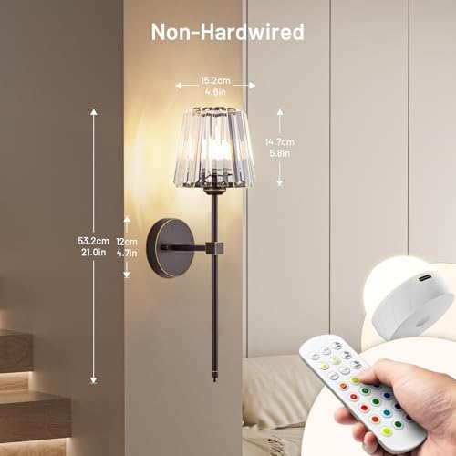 Crystal Battery Operated Wall Sconces Set of 2, Brown and Gold Rechargeable Wireless Wall Lights with Crystal Lampshade, 12 RGB and 3CCT Dimmable Wall Lamps with Remote for Bedroom Living Room Hallway - Image 3