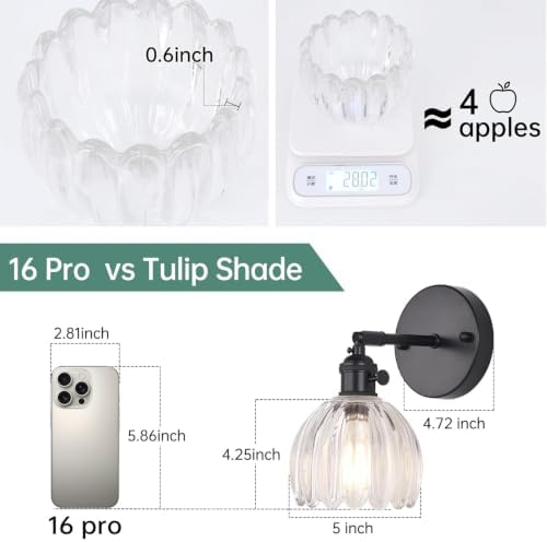 Shenmoyl Vintage Battery Operated Wall Sconce with Transparent Tulip Glass Lampshade Rechargeable Battery Powered Black Wall Light with Remote Control for Bedside Bedroom Doorway, Set of 2 - Image 4