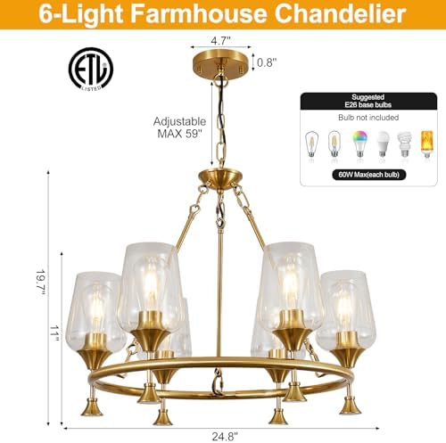 25" Modern Gold Chandelier for Dining Room, No Assembly Required 6-Light Dining Room Light Fixture Over Table, Industrial Hanging Pendant Lights Fixture for Kitchen Island Bedroom Foyer Entryway - Image 5