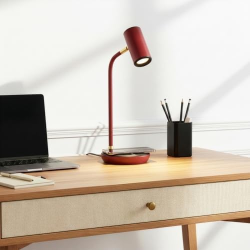 Brightech Ezra Office Desk Lamp – Wireless Charging Pad and Temperature Changing Light Options – Living Room Table Lamp for Mid-Century, Art Deco, Contemporary Décor - Red - Image 2