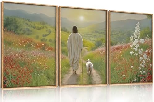 LHIUEM Large Jesus and Lamb Christian Framed Canvas Wall Art,Leaves The 99 Sheep Wall Decor,Mountain Sunset Flower Bible Artwork for Living Room,Bedroom,Dining Room,Office -24''x36''x3 - Image 6
