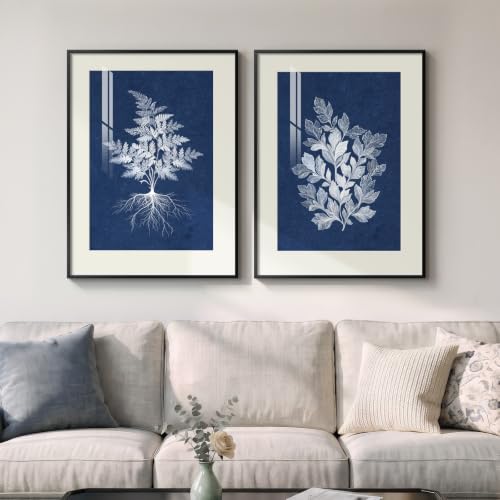 Large Framed Vintage Navy Blue Botanical Wall Art for Living Room, 2 Piece - Image 2