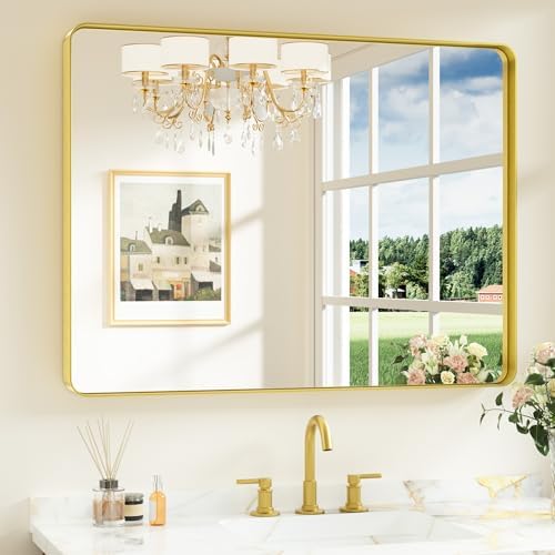 Keonjinn 40 x 30 Inch Brushed Gold Bathroom Mirrors for Over Sink by Keonjinn