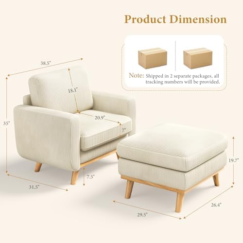 Vesgantti 38.5" Accent Chair with Movable Ottoman, Comfy Corduroy Armchair with Spring Cushion, Reading Chair with Ottoman, Modern Single Sofa for Living Room, Bedroom and Apartment, Beige - Image 2